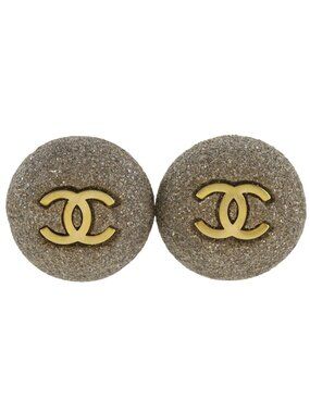 Chanel CC Logo Stone Motif Vintage Gold Plated Gray Earrings